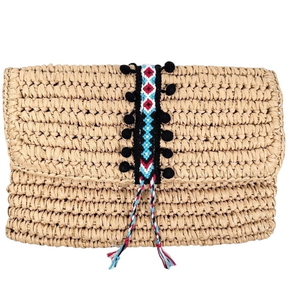 Fallon & Royce Woven‎ Straw Clutch Bag Tan Pom Pom Boho Embroidered Summer Bag
